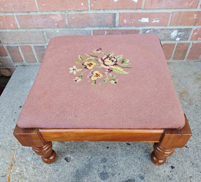 Vintage Footstool Solid Maple Needlepoint Upholstery