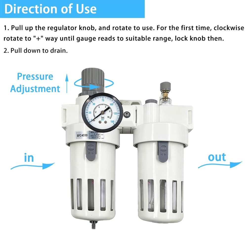 1/2" NPT Compressed Air Filter Regulator Lubricator Combo-Double,Semi-Auto Drain