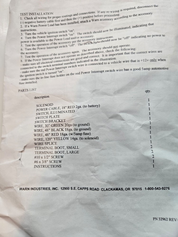 WARN 62131 / 62132 Power Interrupt Kit