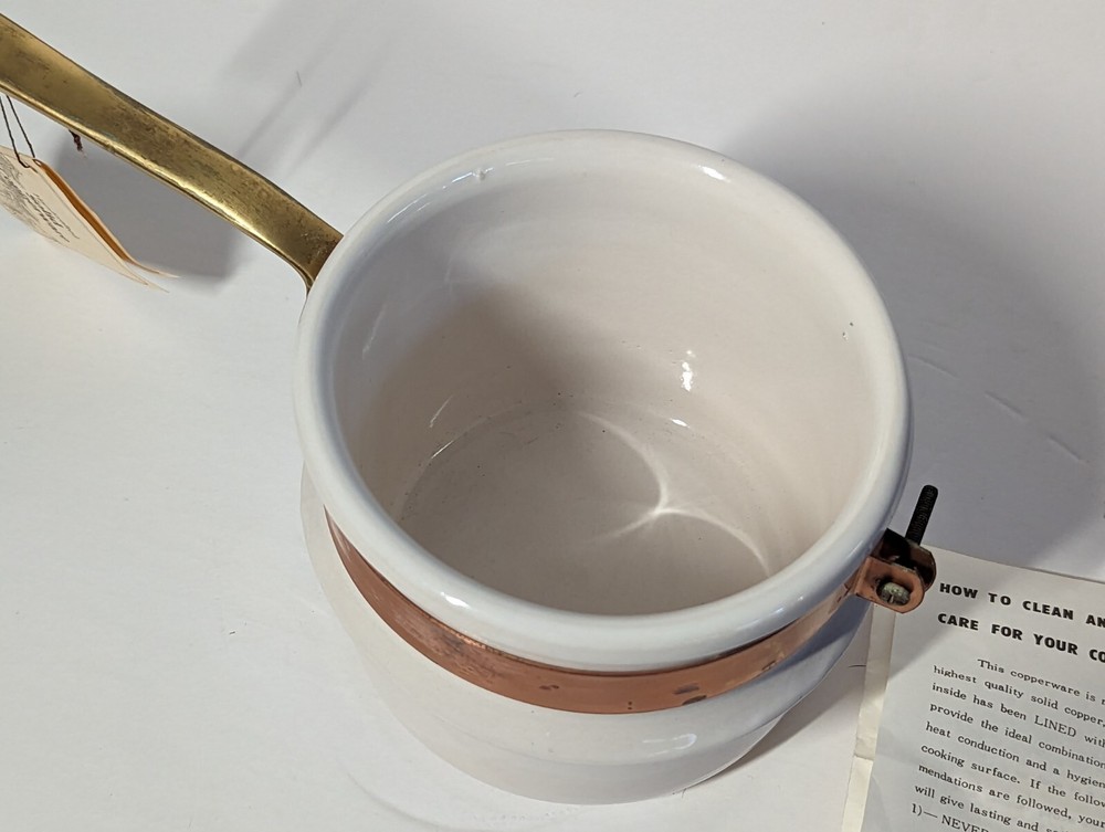 Vintage White Ceramic Pot With Copper Band And Brass Handle