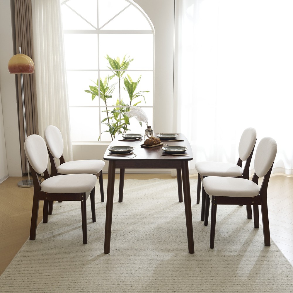 5pc Solid Wood Dining Set Deep Walnut Table & 4 Beige Padded Chairs Space-Saving