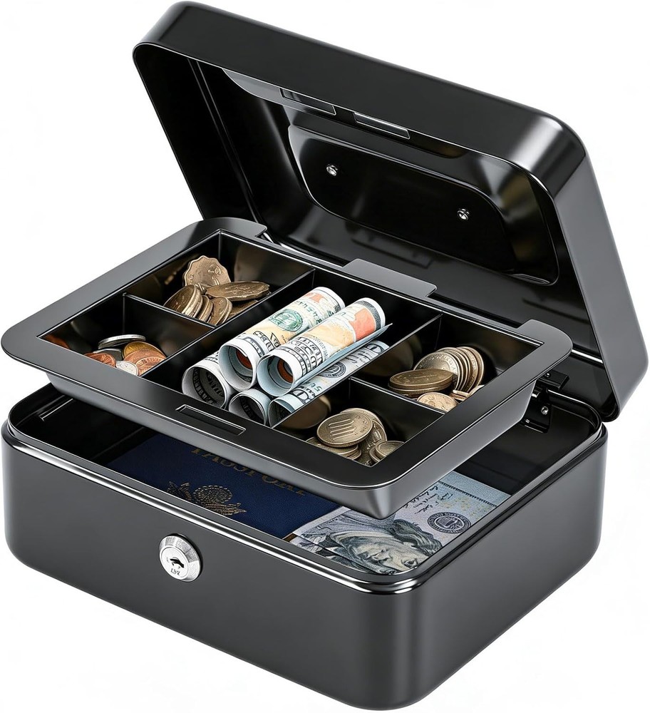 Medium Key Lock Cash Box with Removable Tray & Portable Handle - Black Elegance