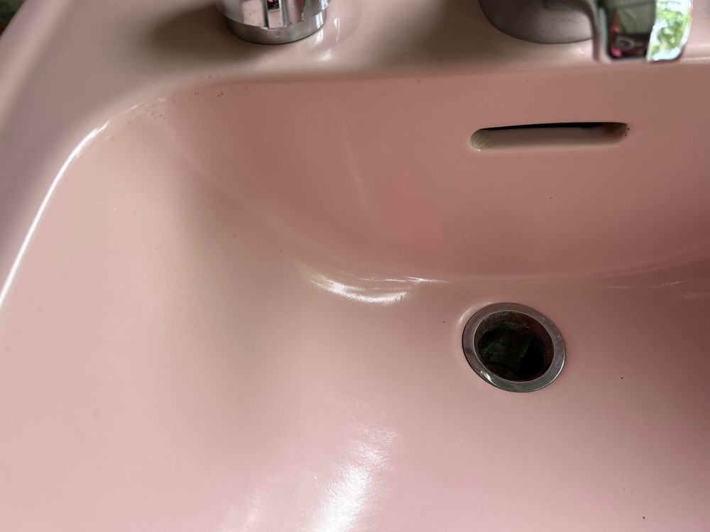 1954 Crane Pink Bathroom Sink - Drop-In - Atomic Chrome Knobs - Square Corners!