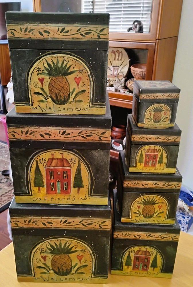 7 Bob's Boxes Primitive Welcome Friends Stackable Nesting Susan Winget Design