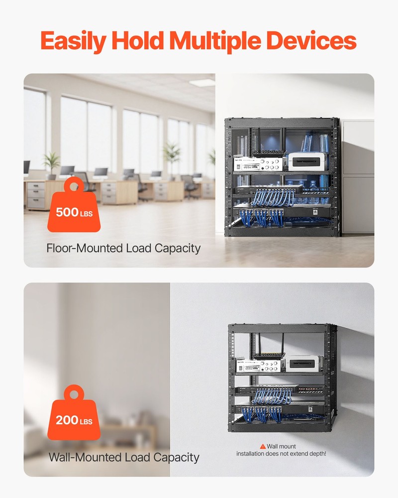 VEVOR 10U Open Frame Network Rack Wall Mounted Server Rack 4 Post with Shelves