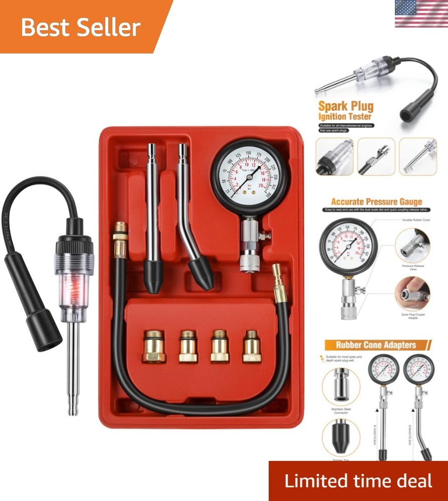 Universal 9-Piece Engine Testing Kit with Spark Plug Tester & 300 PSI Gauge