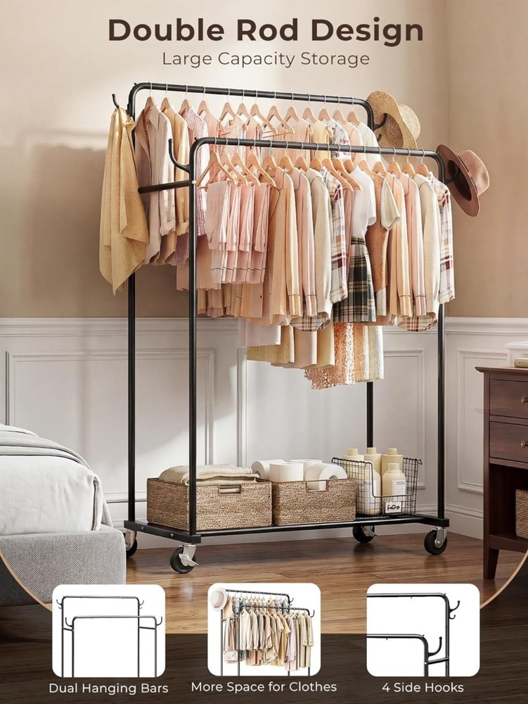 Portable Rolling Clothing Rack with Double Rods for Hanging Clothes