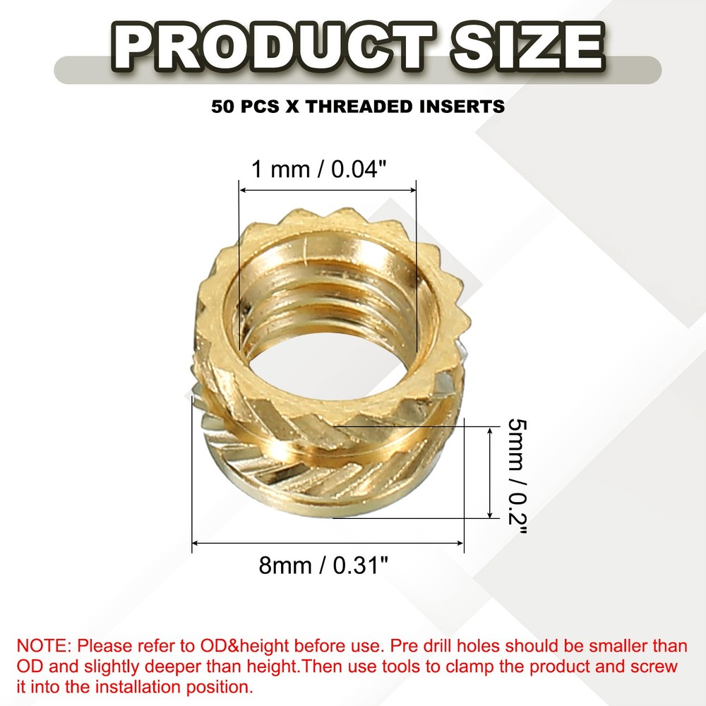 50 Pcs M6x5x8mm Brass Heat Set Insert Female Threaded Inserts