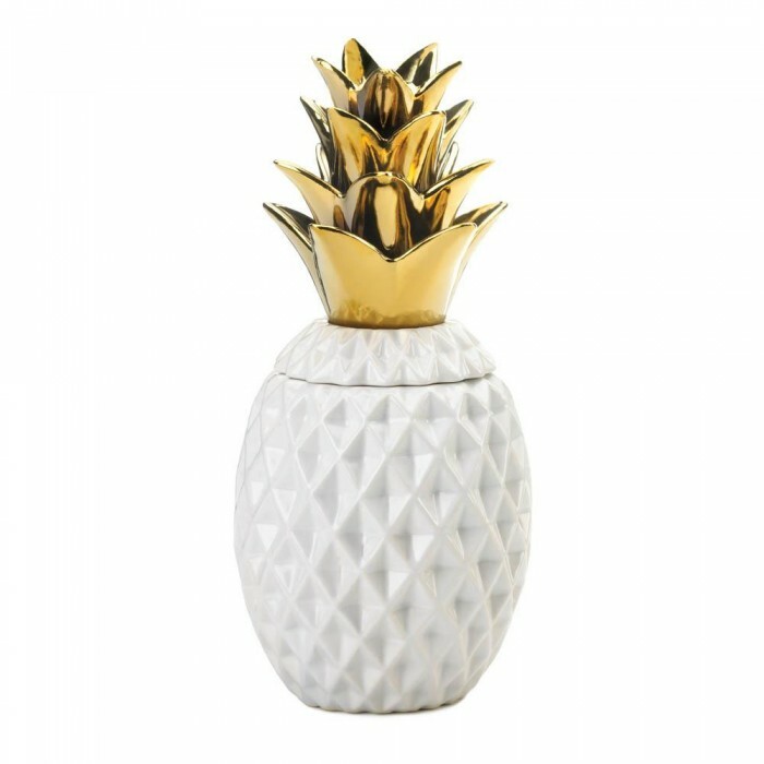 White Ceramic Pineapple Jar with Gold Lid