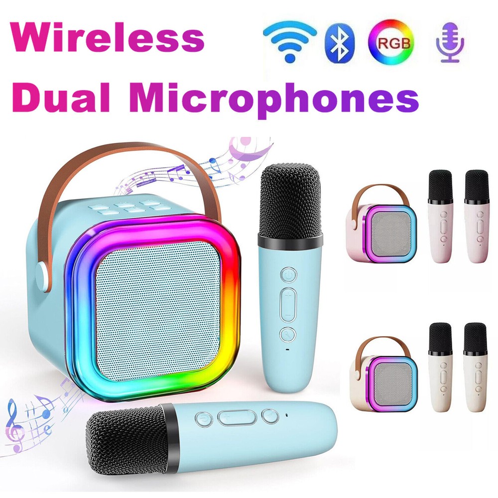 Wireless Mini Karaoke Machine Bluetooth Speaker with 2 Microphones Portable US