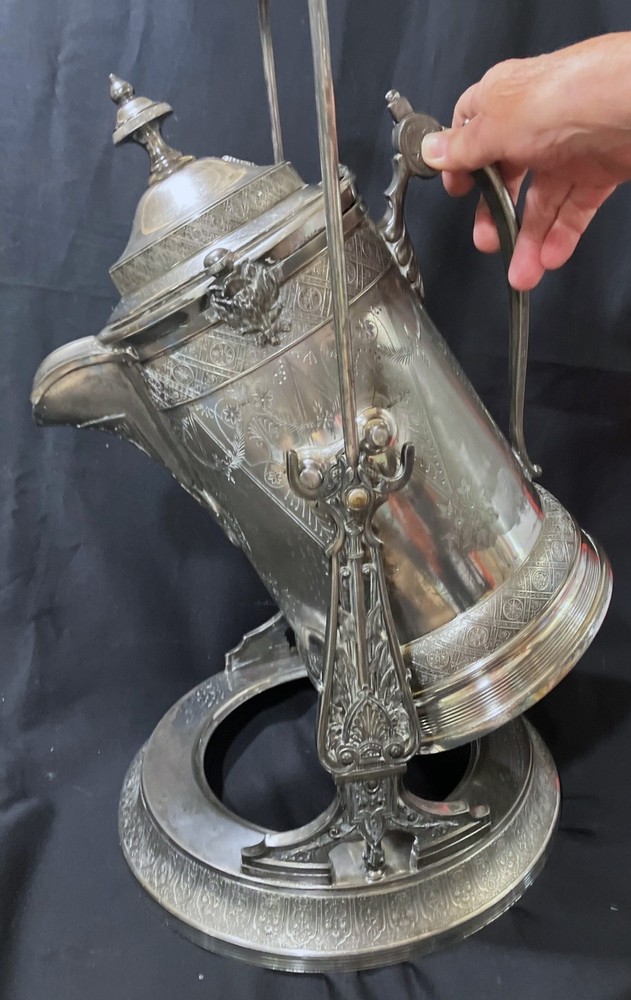 ANTIQUE 1864 REED & BARTON SILVERPLATE TILTING PITCHER WITH STAND