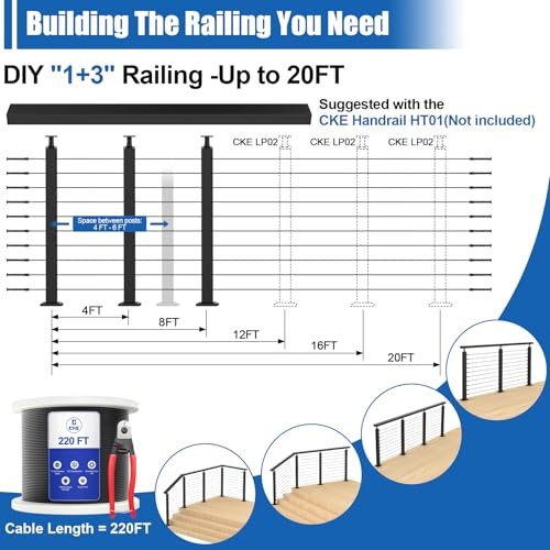 10-15ft Complete Set Cable Railing Post Kit, 3Pack 36" 10-15FT Level Post Kit