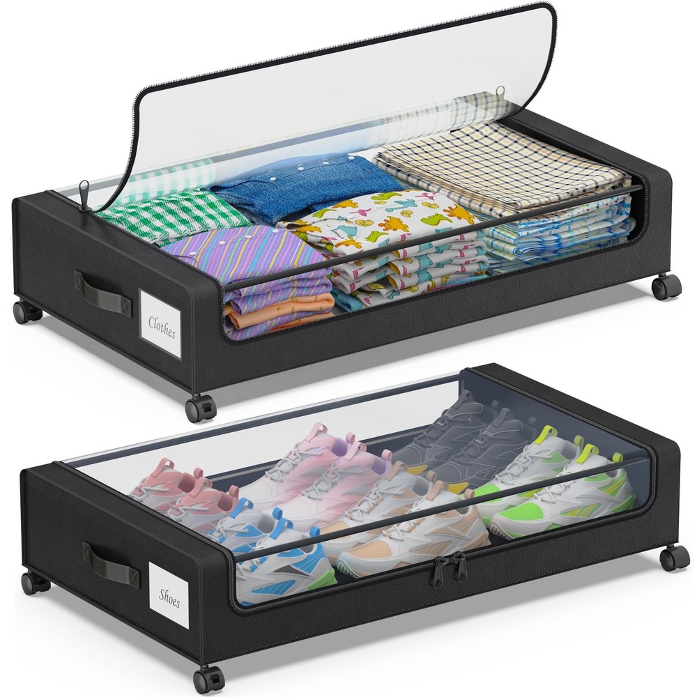 Under Bed Storage with Wheels, 2-Pack Under Bed Storage Containers with Clear...