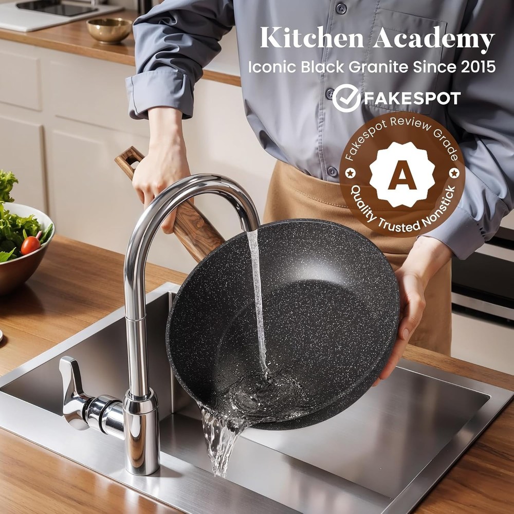 Kitchen Academy 17-Piece Induction Cookware Set, Nonstick Black Granite Pots