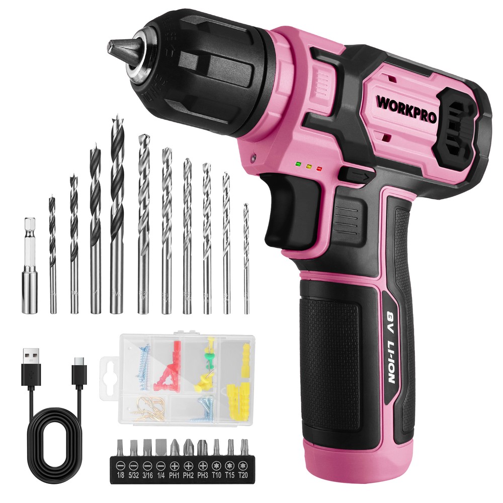 WORKPRO Pink 8V Power Drill Set with 53pcs Bit Set with 3/8" Keyless Chuck