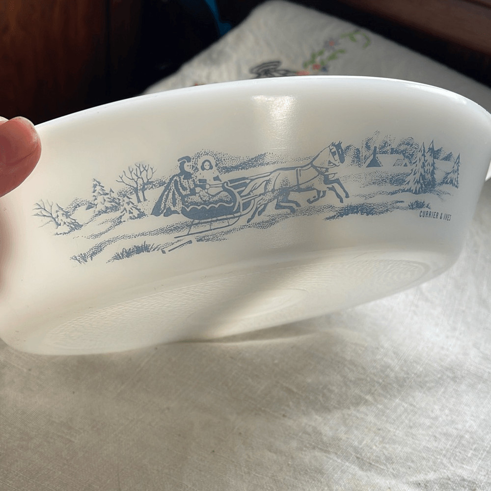 Vintage Glasbake divided dish Currier & Ives