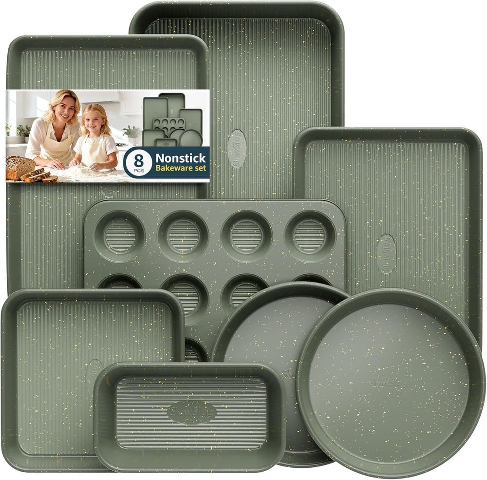 Elite 8-Piece Bakeware Set: Stackable, Nonstick Ceramic, Green Carbon Steel