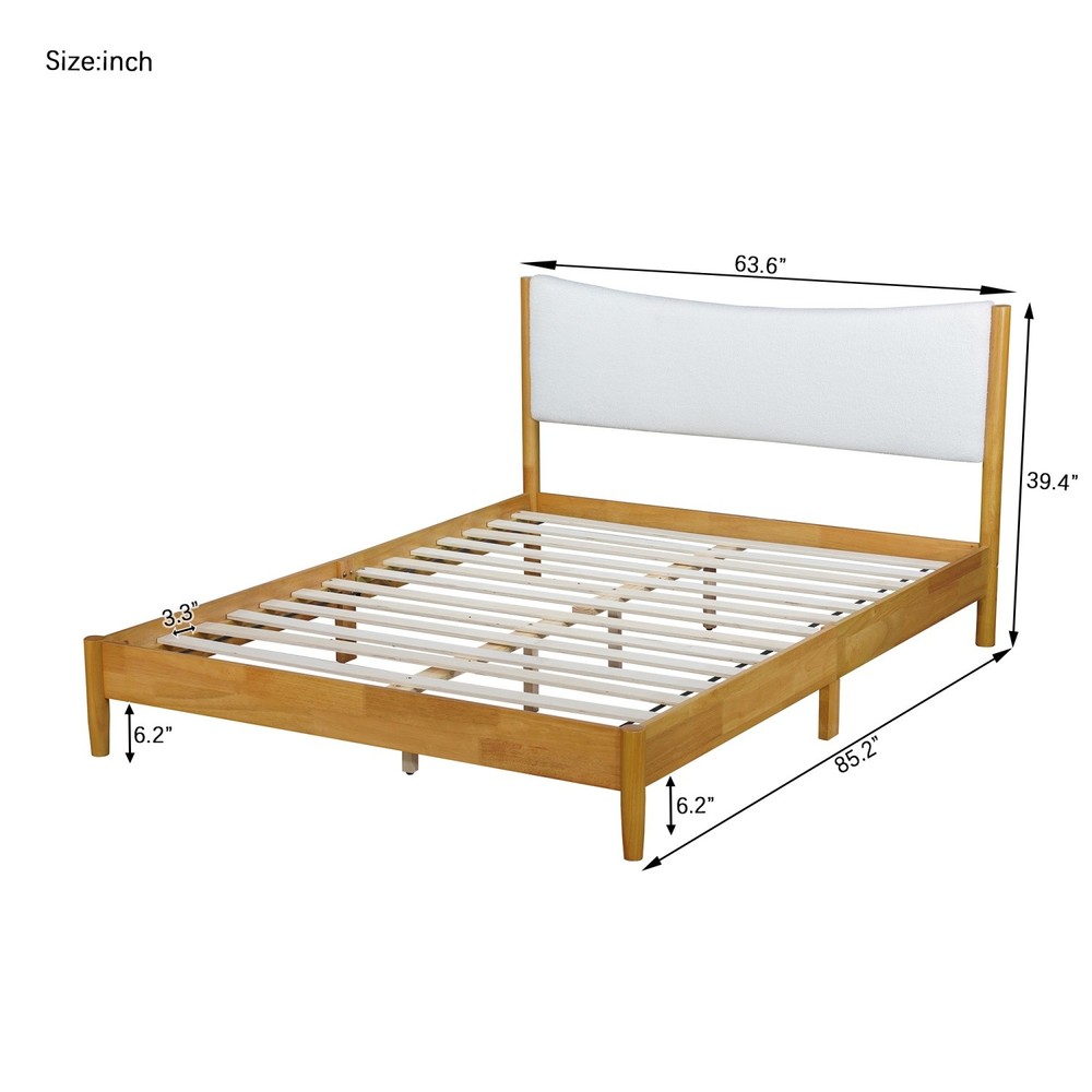 Queen Size Solid Wood Platform Bed Frame w/ Upholstered Headboard Natural