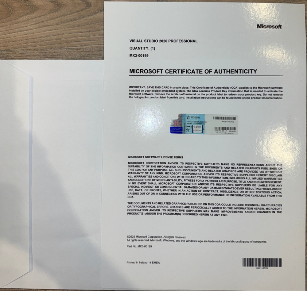 Visual Studio 2026 Professional Perpetual Authentic License CoA MX3-00199
