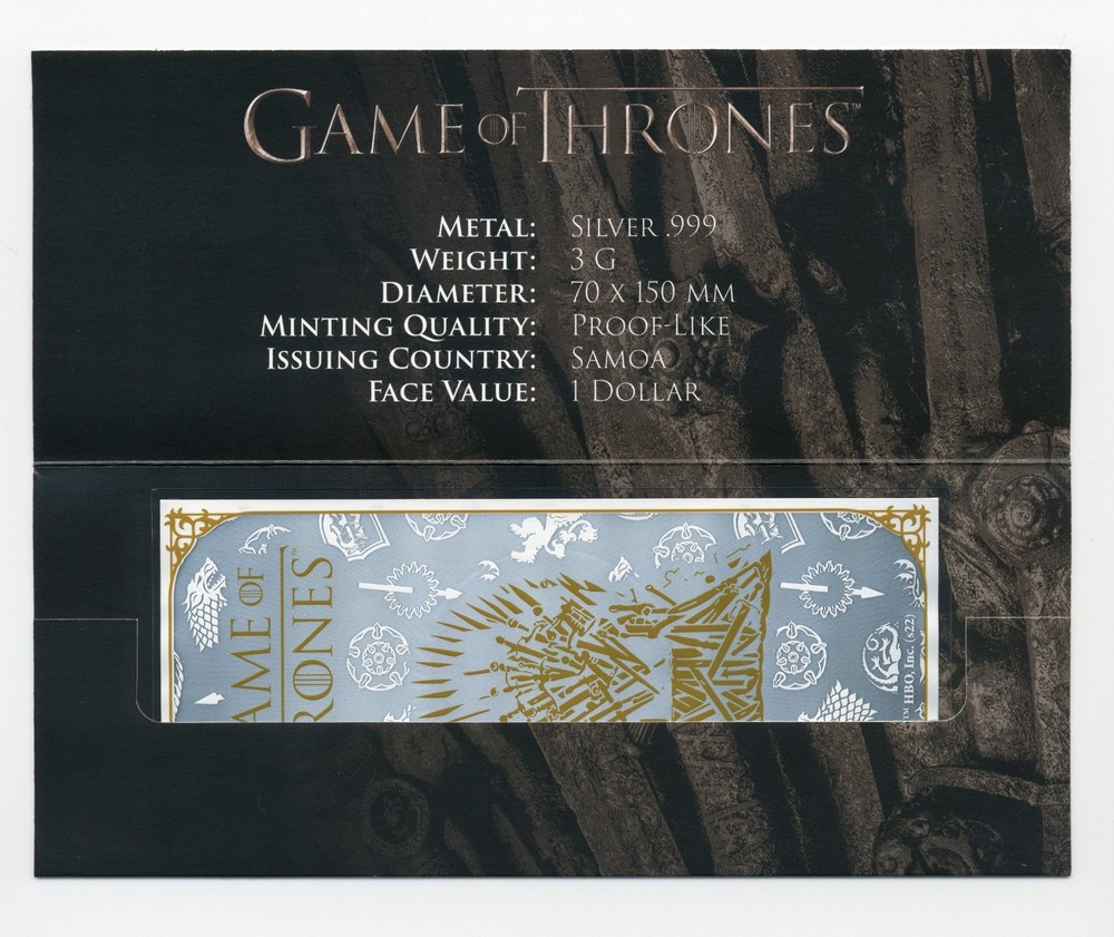 2024 Samoa $1 Game of Thrones 3 Grams .999 Silver Note