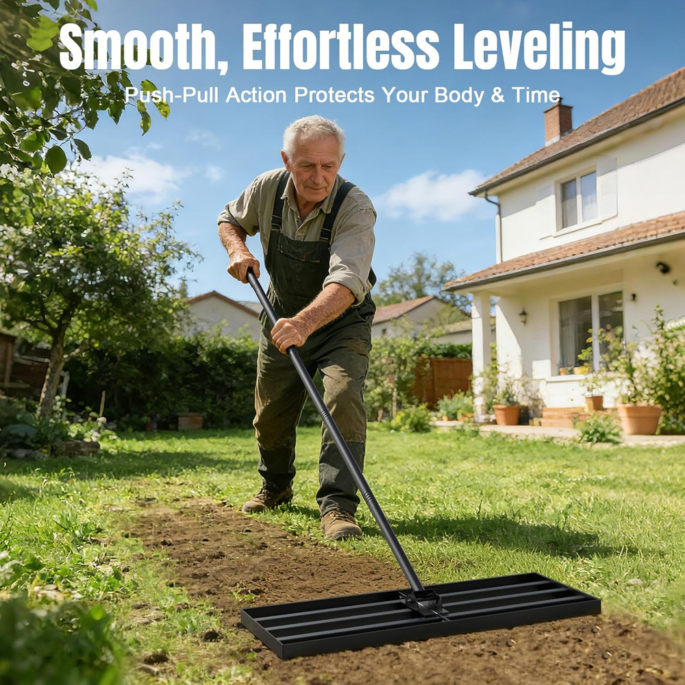 30" Lawn Leveling Rake with Adjustable Handle and Rotating Head, Steel Construct