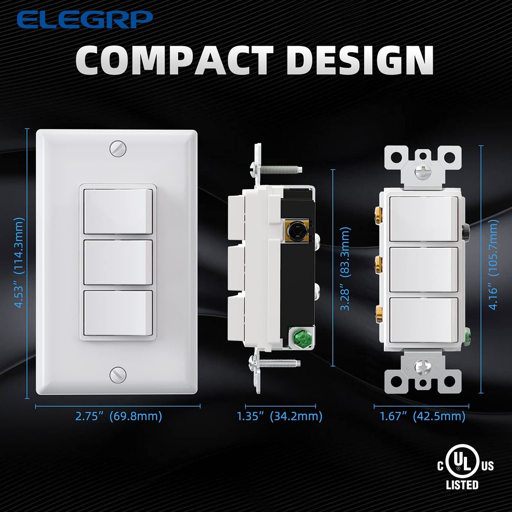 ELEGRP Decorator Triple Rocker Light Switch, Three Single Pole Electrical Pad...