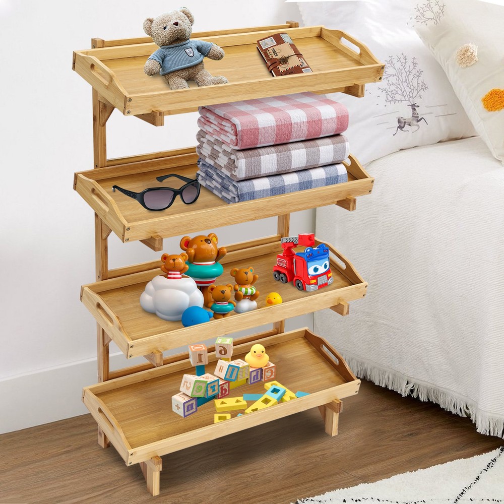 4-Tier Bamboo Storage Rack w/Removable Trays Kitchen Fruit Snack Organizer Shelf