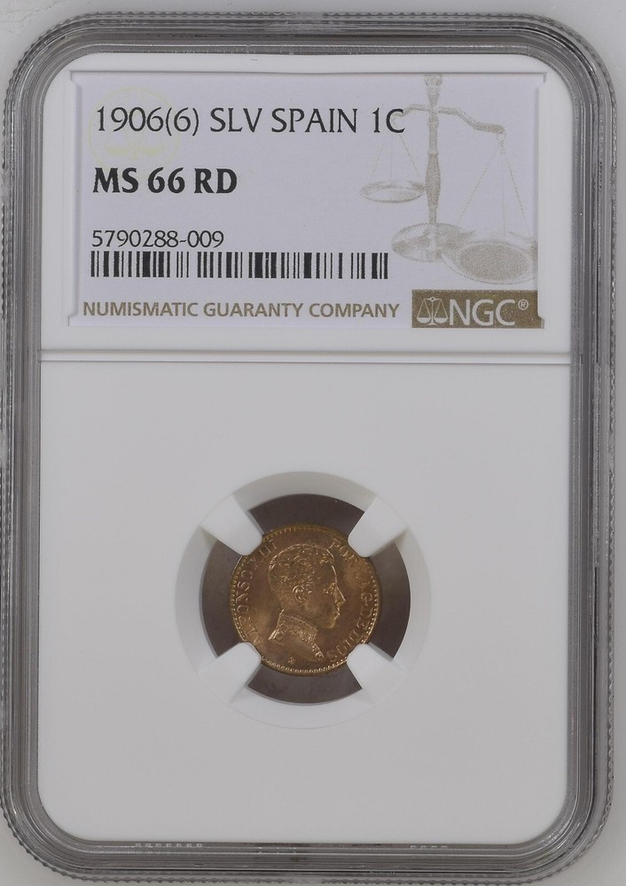 1906 (6) SLV Spain 1 Centimo NGC MS66 RD Pop 4