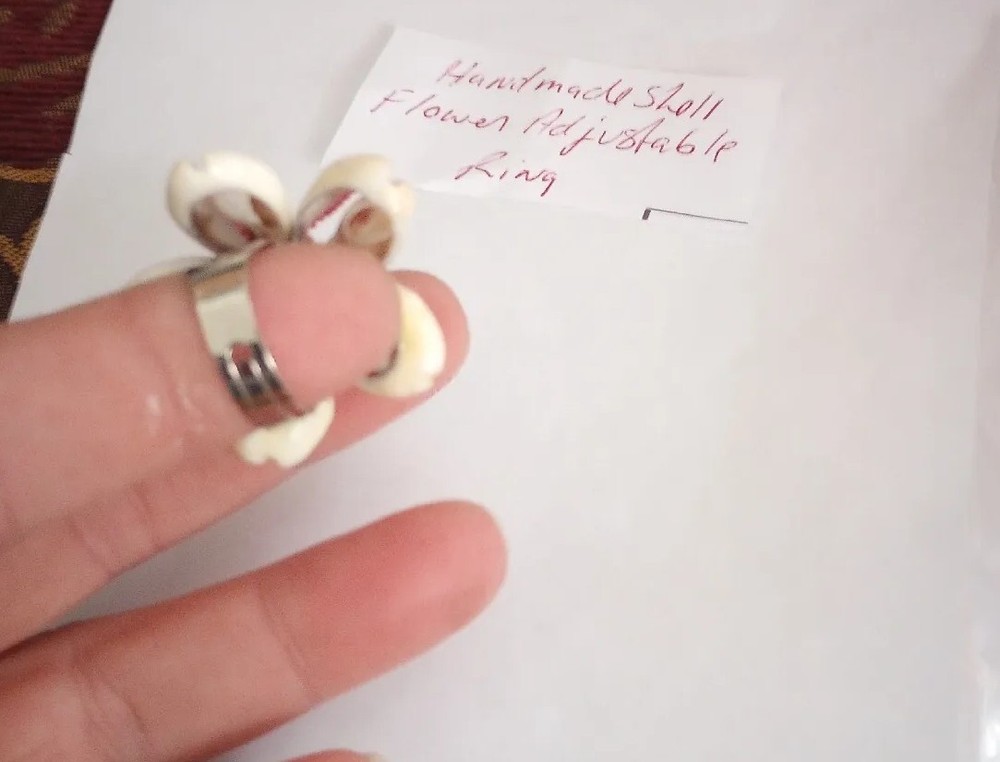 Hand Made Shell Flower White ,Pink, Brown Silver Tone Adjustable Ring