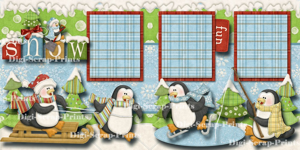 WINTER SNOW ~ 2 premade scrapbook pages paper piecing layout for ablum DIGISCRAP
