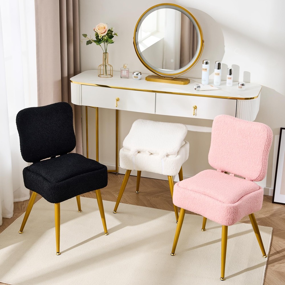 Small Vanity Chair with Storage and Foldable Backrest - Plush Teddy Fabric, 8...