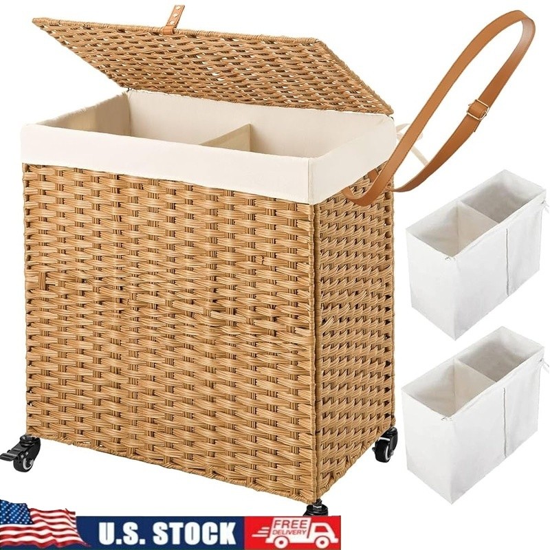 Handwoven Laundry Hamper Rolling Baskets W/ Removable Liner Moisture Resistant