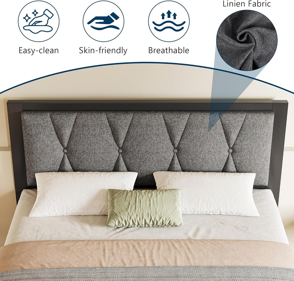 Queen Size Bed Frame with Button Tufted Headboard, Linen Upholstered Platform Be