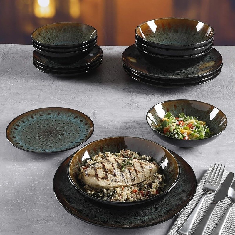 Reactive Glaze Stoneware Dinnerware Set Dishwasher Safe Unique Service for 4