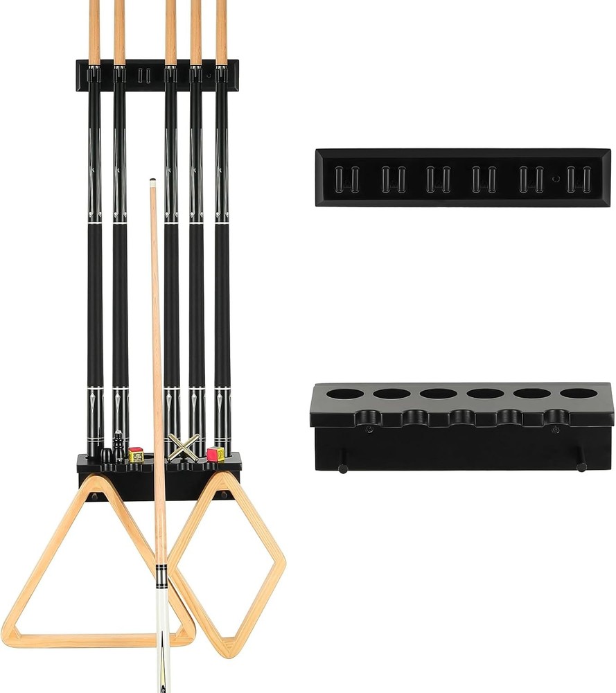 Pool Cue Rack Stick Holder - Wall Mount Billiards Pool Cue Rack Oak Solid Har...