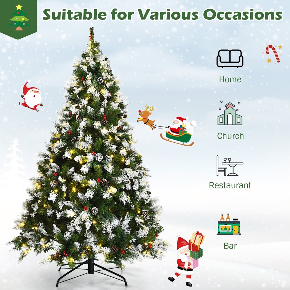 6 FT Pre-lit Snow Sprayed Christmas Tree Artificial Xmas Tree w/ LED Lights