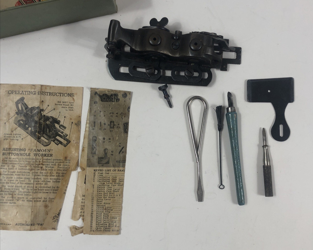 FAMOUS BUTTONHOLE WORKER ORIGINAL BOX With Instructions & Chisel Handle