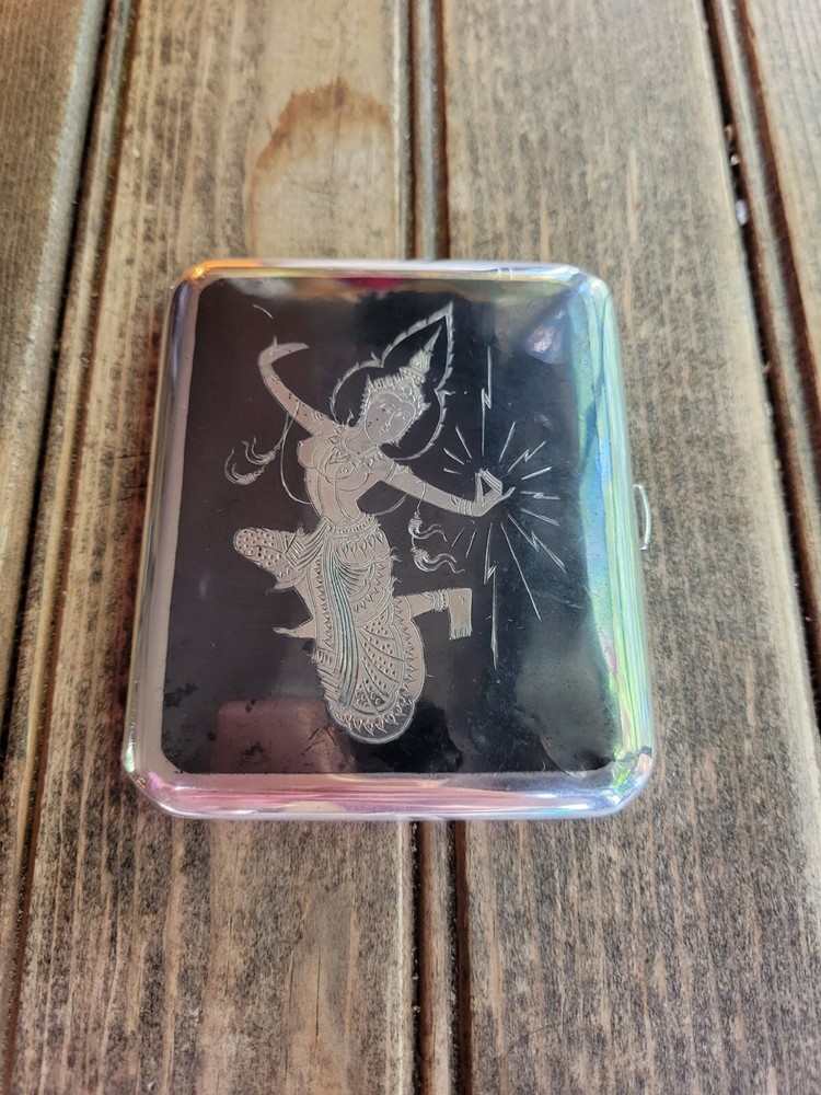 VTG Siam Thailand Solid Sterling Silver & Niello Dancer Etch Cigarette Case