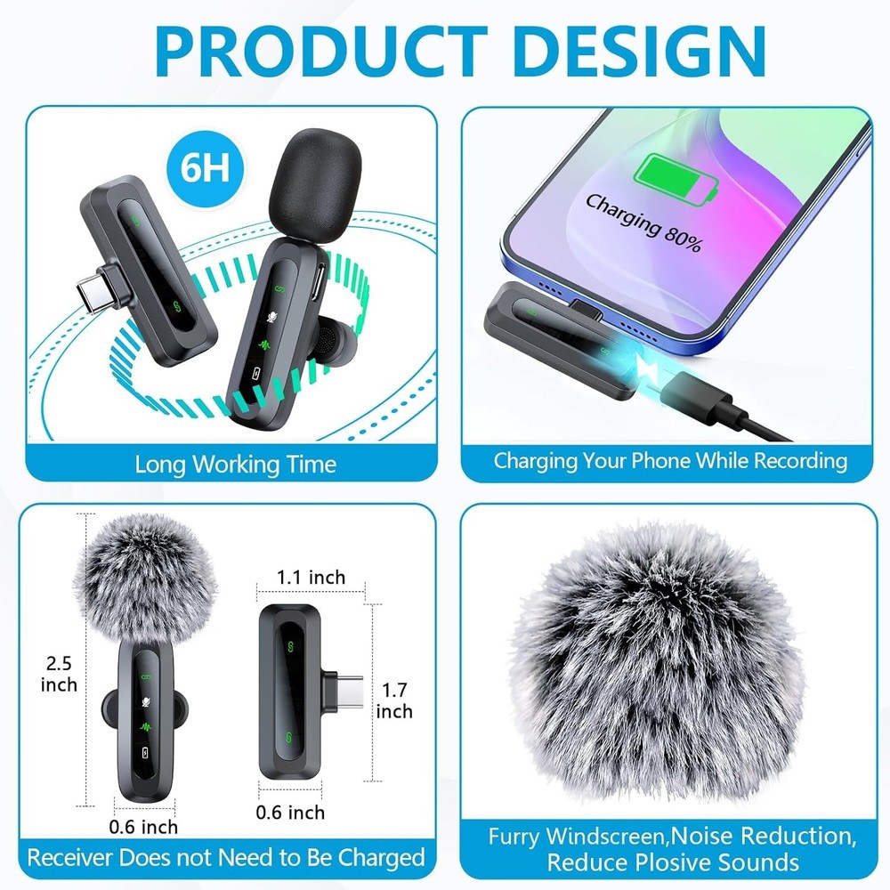 Wireless Microphone Mini Mic for iPhone/Android Phone, LED Display Lavalier Micr