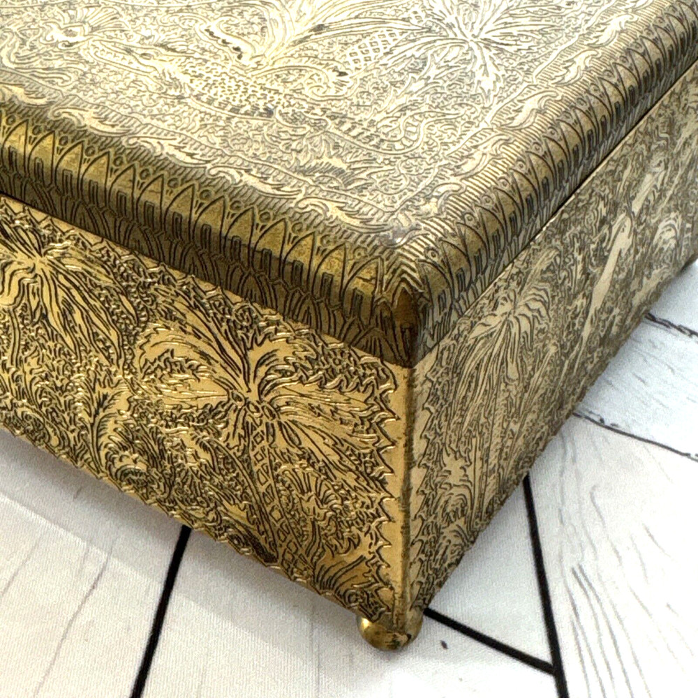 HAND TOOLED ENGRAVED SOLID BRASS STASH BOX CHEST ELEPHANT OX LION ELK HUNTER