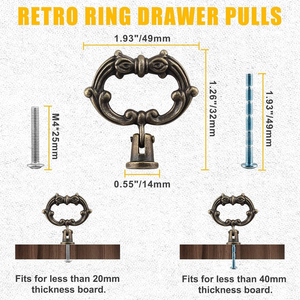 6 Pcs Antique Bronze Drop Ring Drawer Pulls, Vintage Cabinet Pull Handles, Small