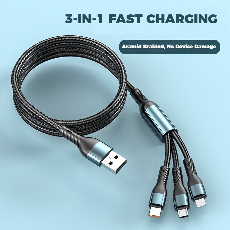 120W 6A Fast-Charging USB Cable, Universal 3-in-1 Multi-Function Phone Charger