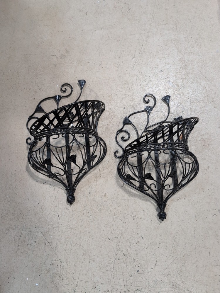 Pair Vintage Scrollwork Wrought Iron Wall Sconces Caged Floral Baskets