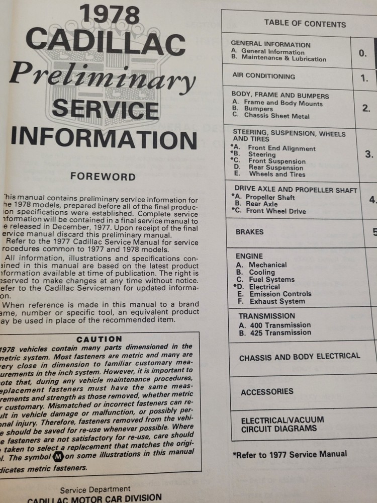 1978 Cadillac Preliminary Service Information Manual
