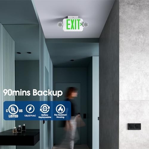 Adjustable Green LED Exit Sign Emergency Light Combo, Double-Sided, Battery Back