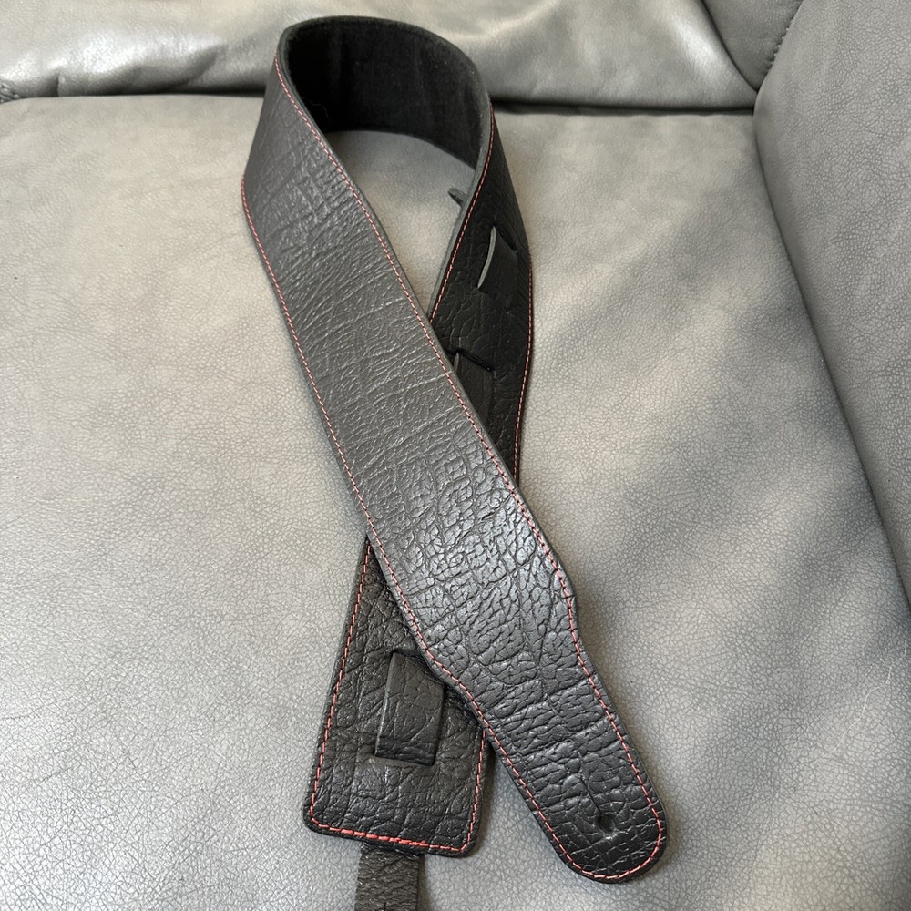Leather Guitar Strap - Black Textured Thick- 3’ Wide