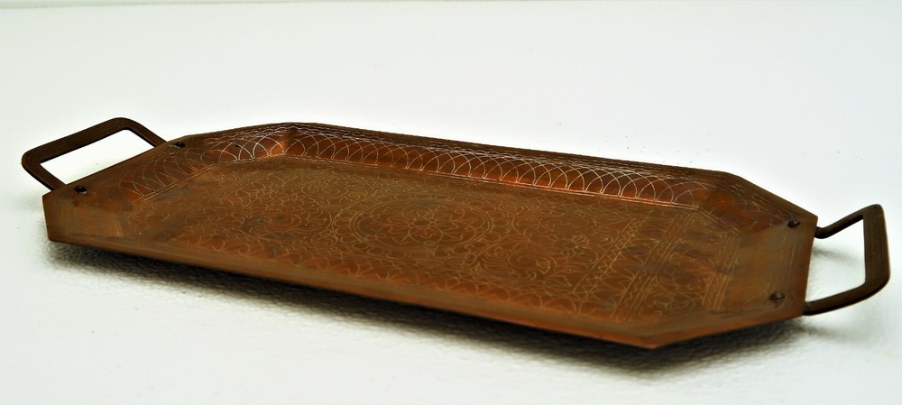 Cairo Ware Silver Inlay copper Octagonal Serving Tray with Two Handles