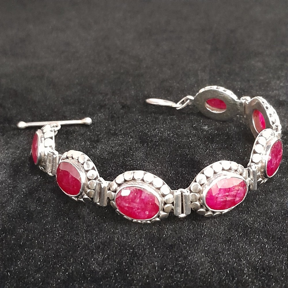 925 Sterling Silver Red Ruby Oval Faceted Panel Link Bracelet Toggle