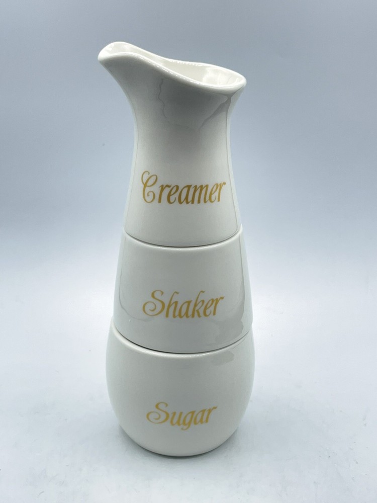 Avon White Stackable Creamer Shaker Sugar 3pc Ceramic Set