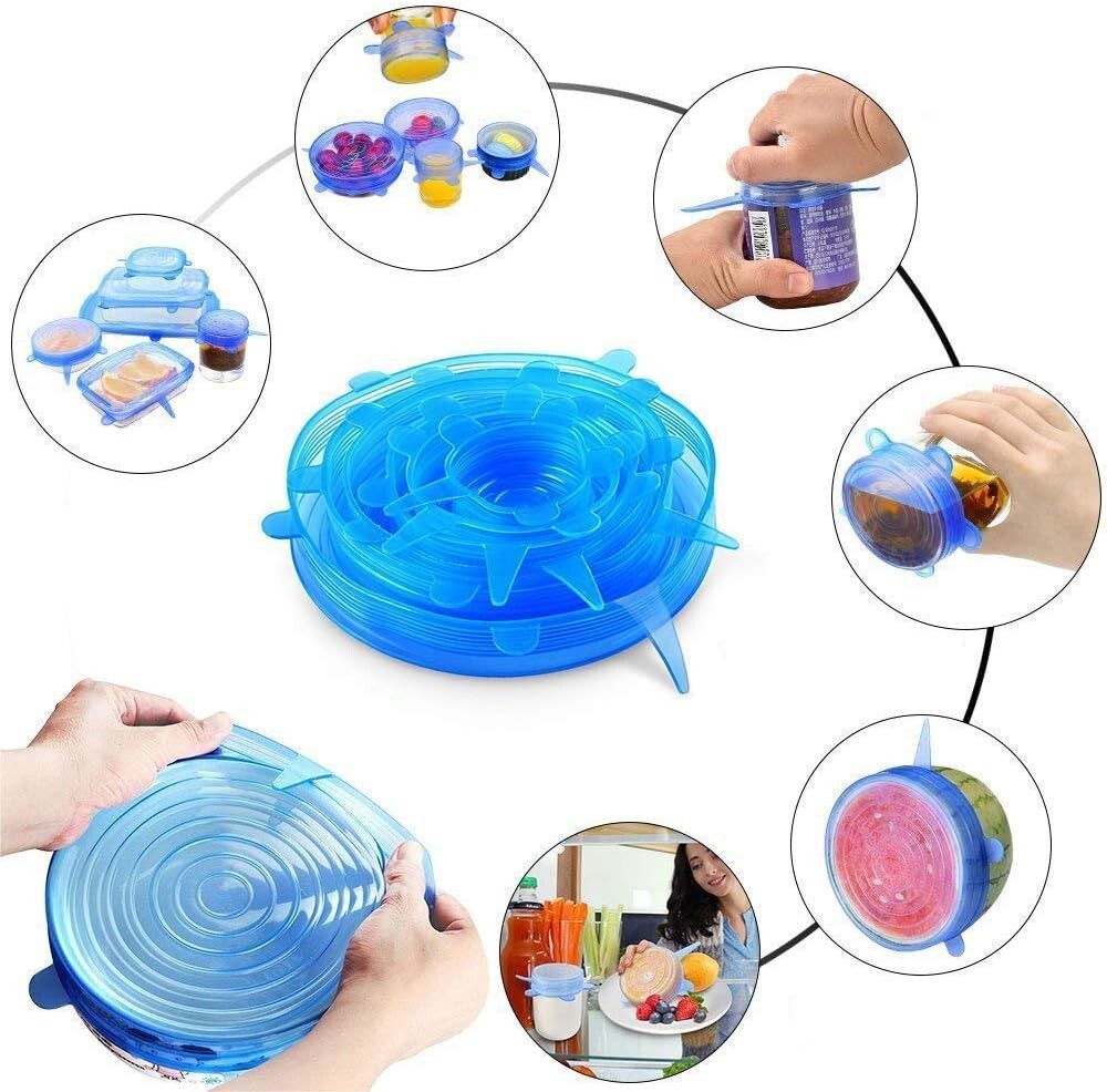 Reusable Stretchy Silicone Stretch Lids Heat Resistant 6 Pack BLUE
